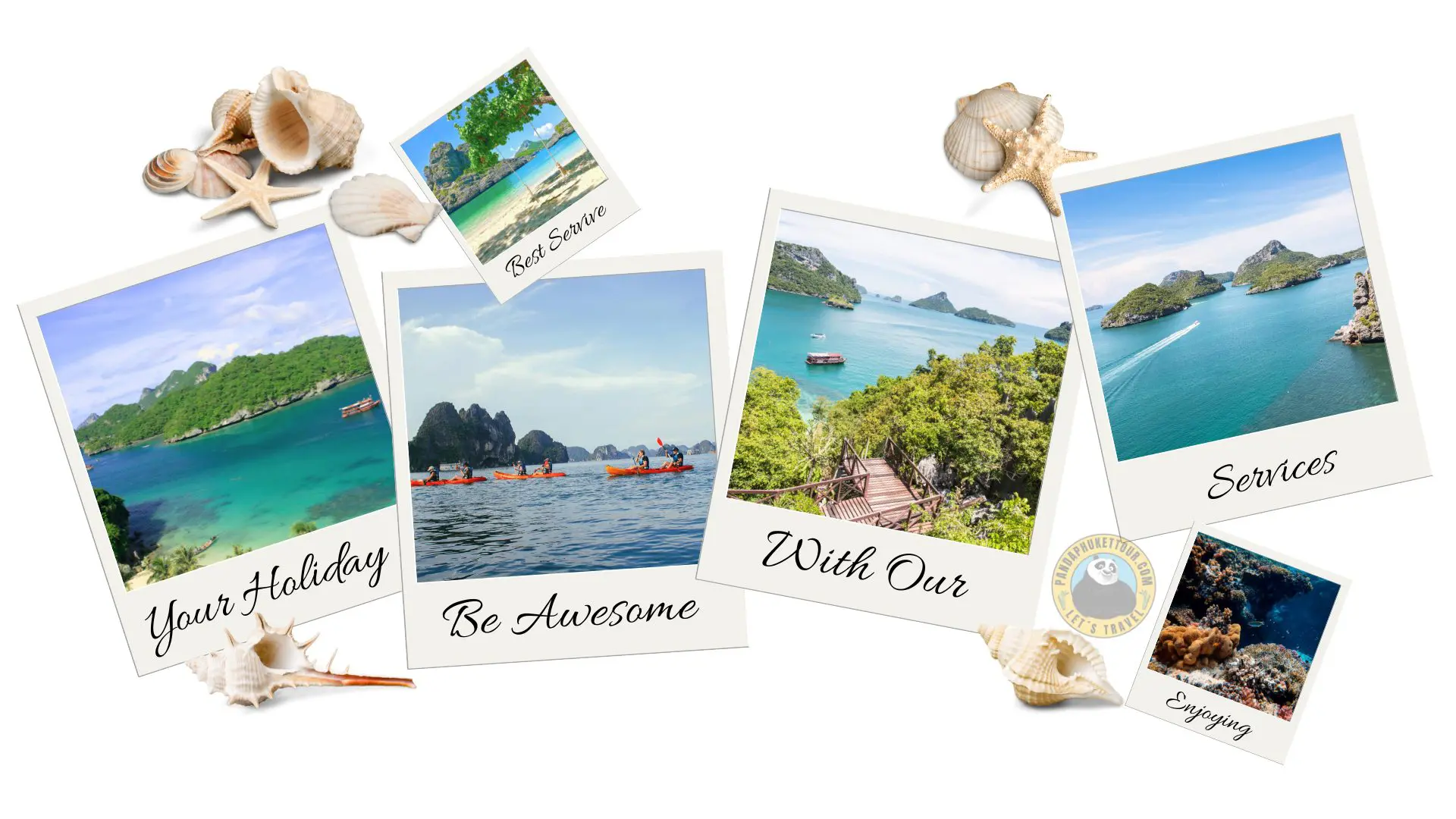 Collage of polaroids with beaches, kayaks, a lookout and corals, decorated with seashells and starfish