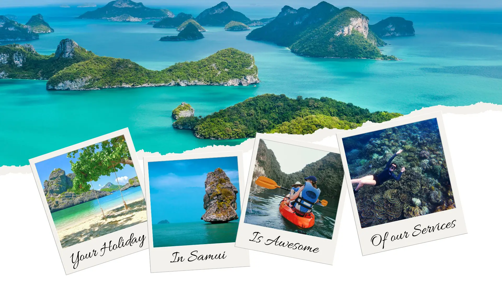 Collage with four polaroids (beach with a swing, rock in the sea, kayak and snorkeling) over a tropical archipelago