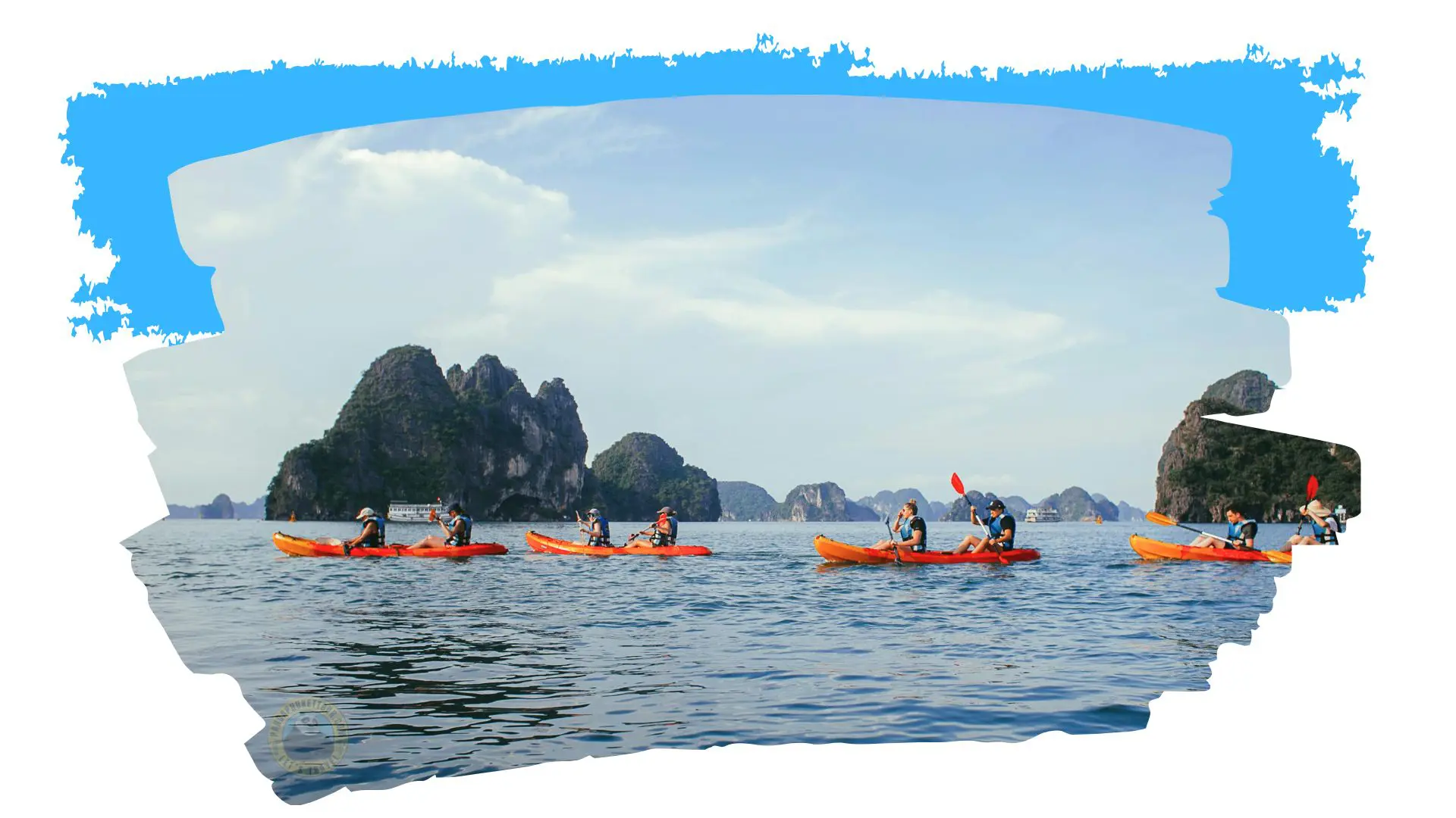 Eight paddlers in four orange kayaks on a calm sea before limestone islets, in a blue brushstroke frame
