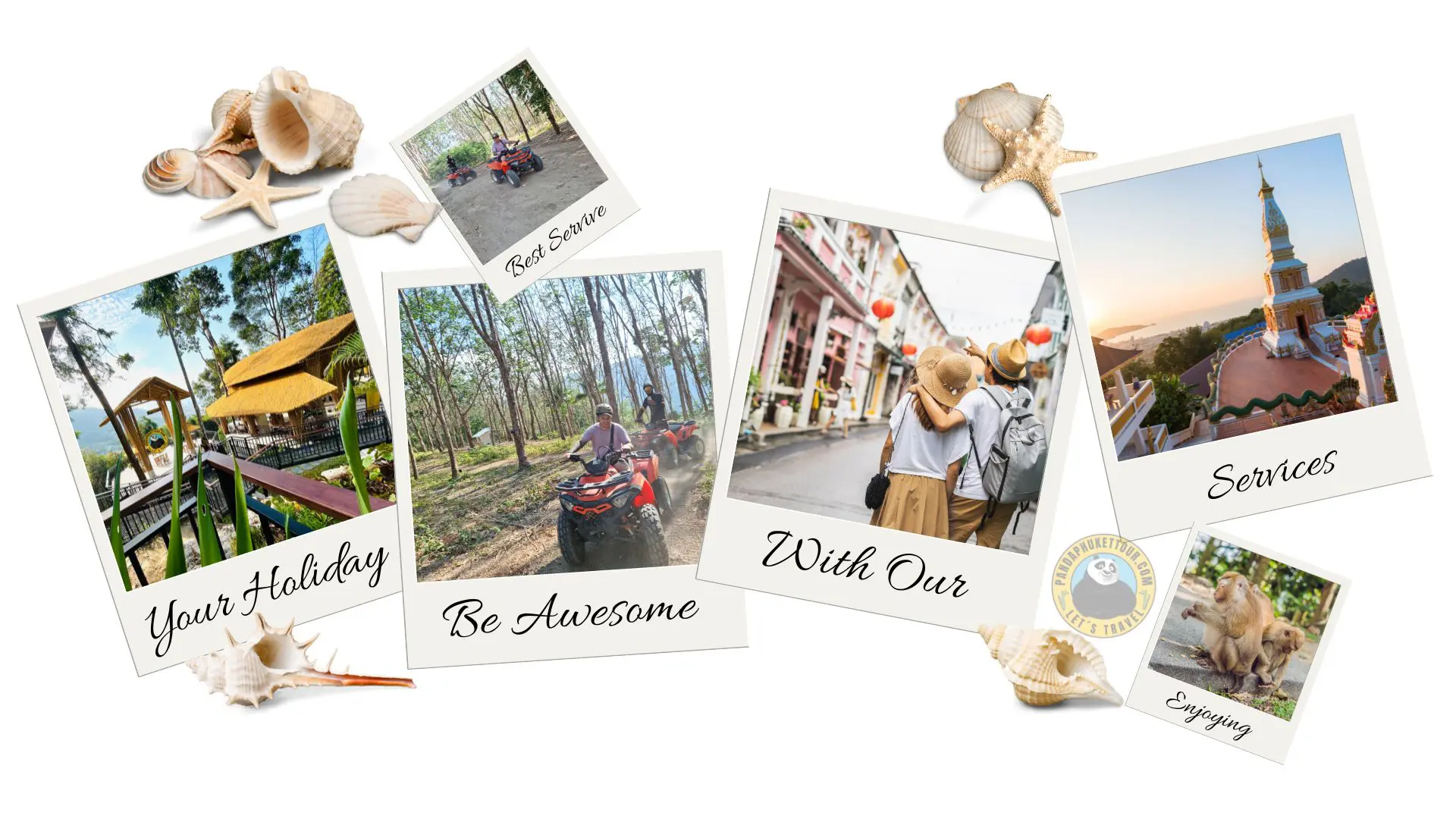 Collage di polaroid con quad, una coppia a passeggio nella città vecchia, una pagoda e due scimmie