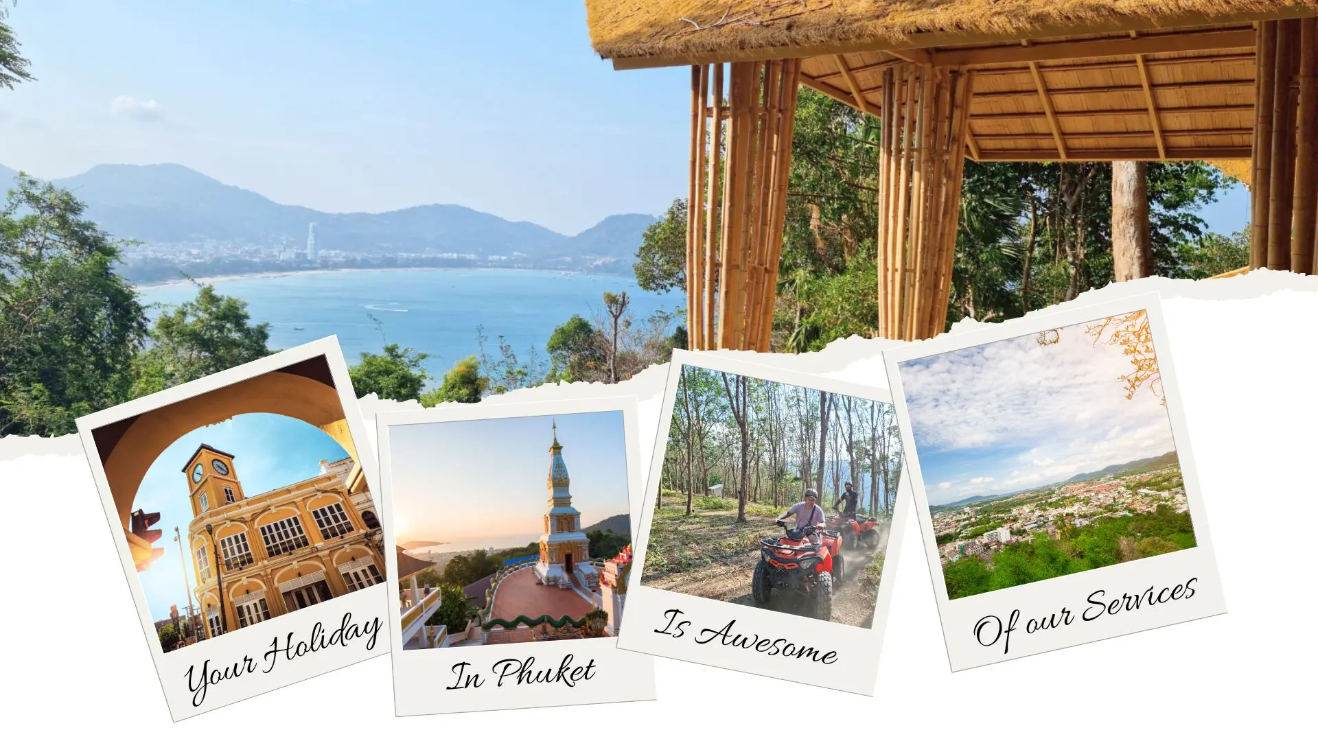 Collage con un belvedere di bambù su una baia e polaroid della torre dell'orologio, un tempio e quad