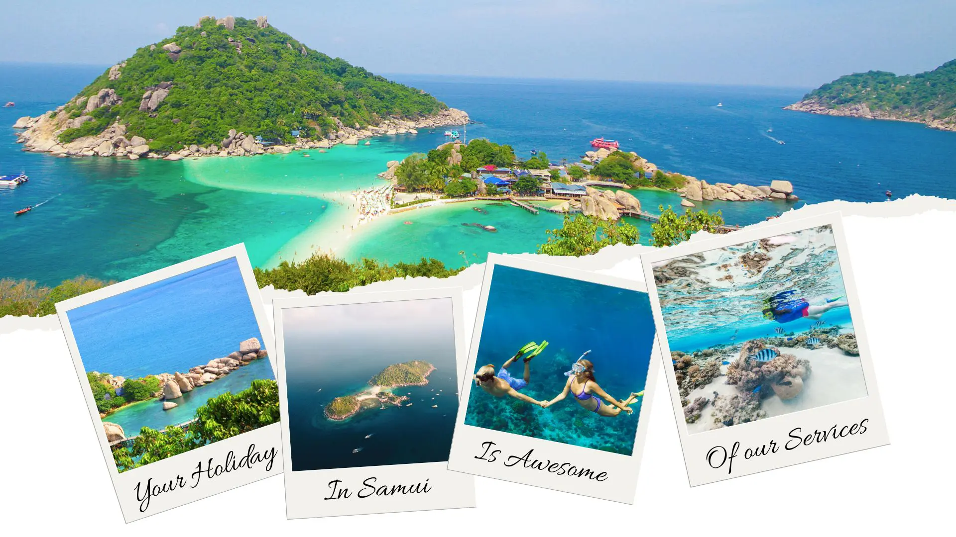 Colagem com Koh Nang Yuan vista do miradouro e quatro polaroides: costa rochosa, um ilhéu, snorkel e corais