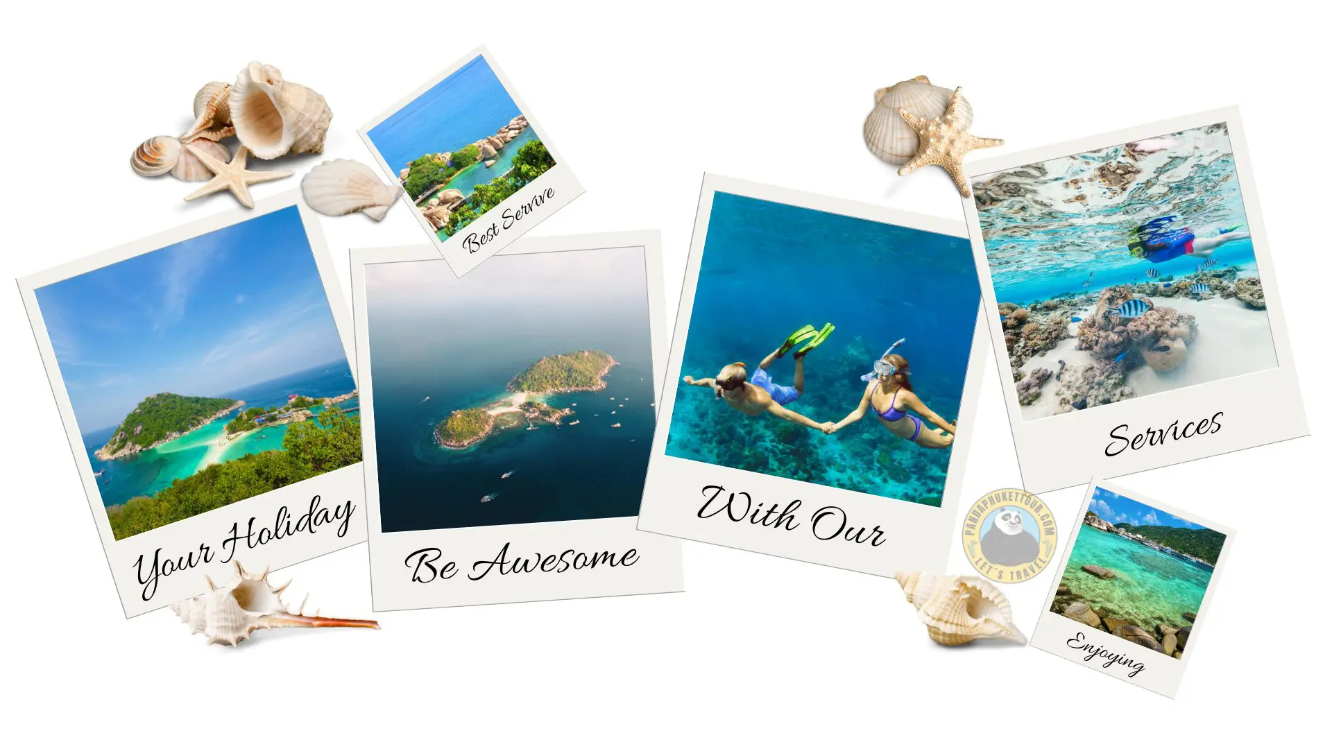Colagem de seis polaroides com ilhas, um casal a mergulhar e corais, entre conchas e duas estrelas-do-mar