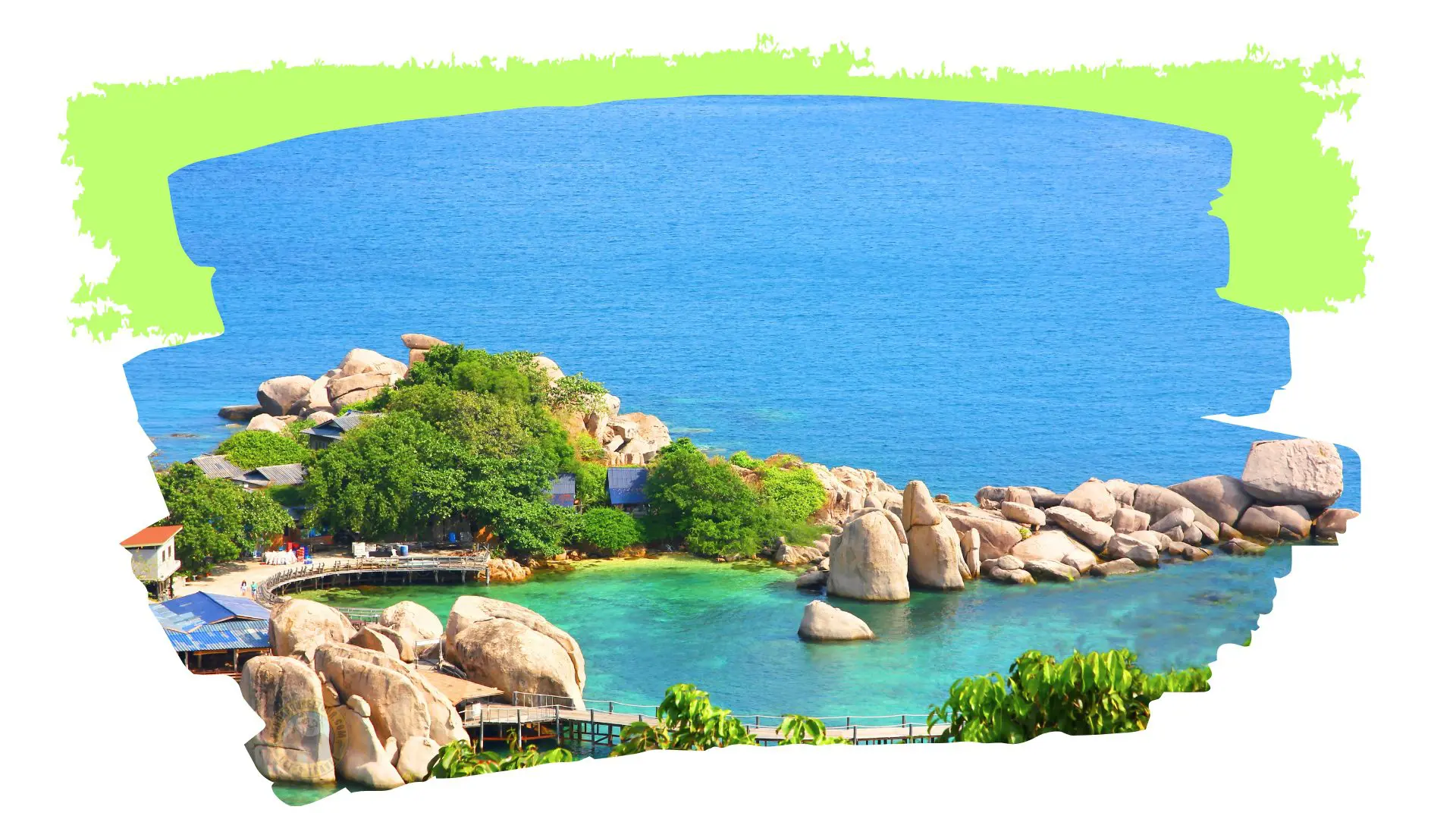 Ilhéu de grandes rochas de granito com cabanas e uma enseada turquesa, rodeado de mar azul intenso