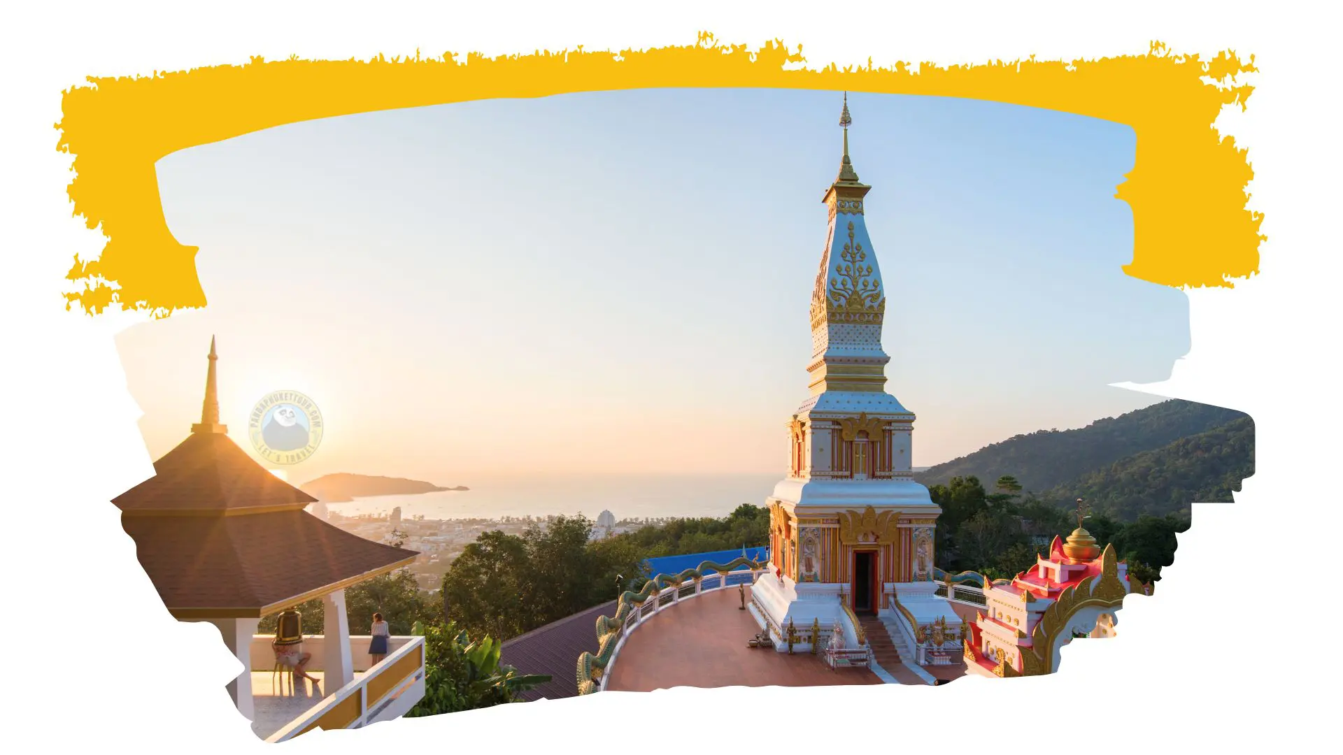 White and gold pagoda of a hilltop temple at sunset, with the bay and the city in the background