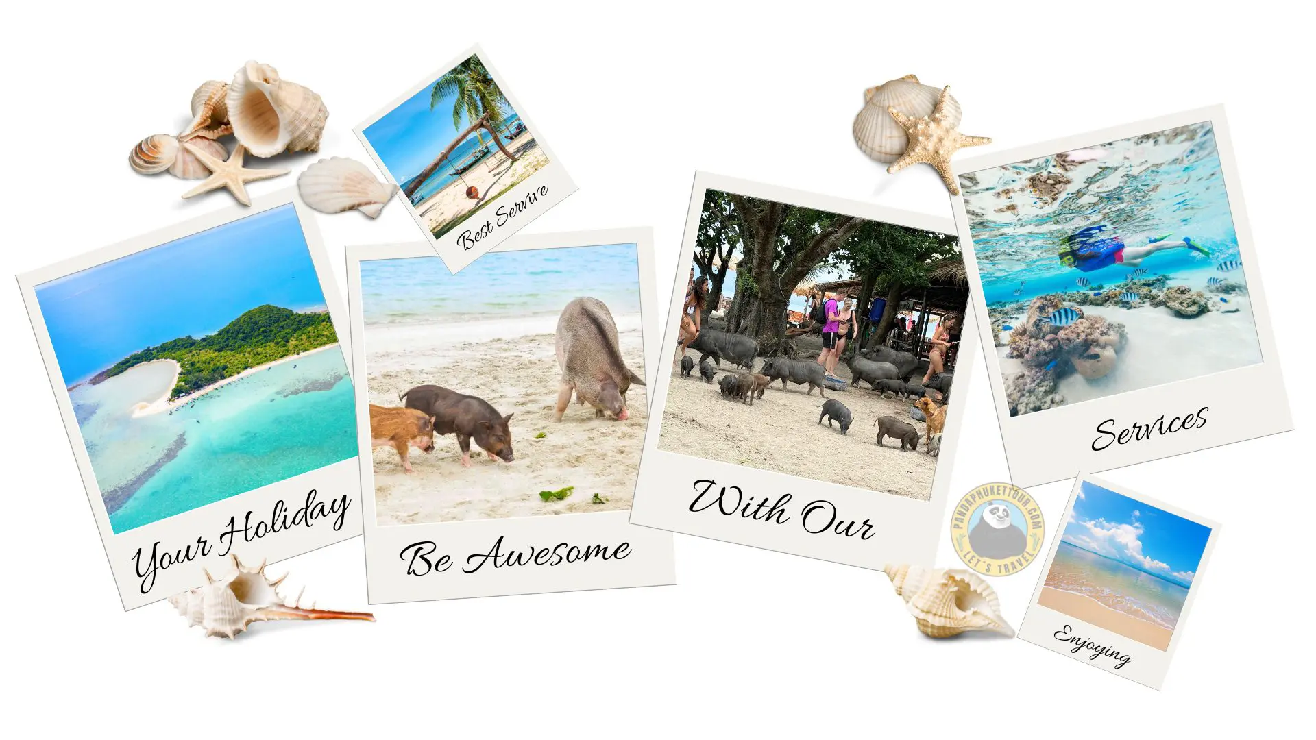 Collage de polaroids y conchas: cerdos en la playa, una isla desde el aire, una persona buceando entre peces y una palmera