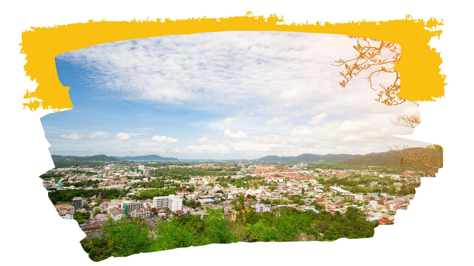 Panorama of a low-rise city from a hill, with trees in front, the sea and hills beyond and a cloudy sky