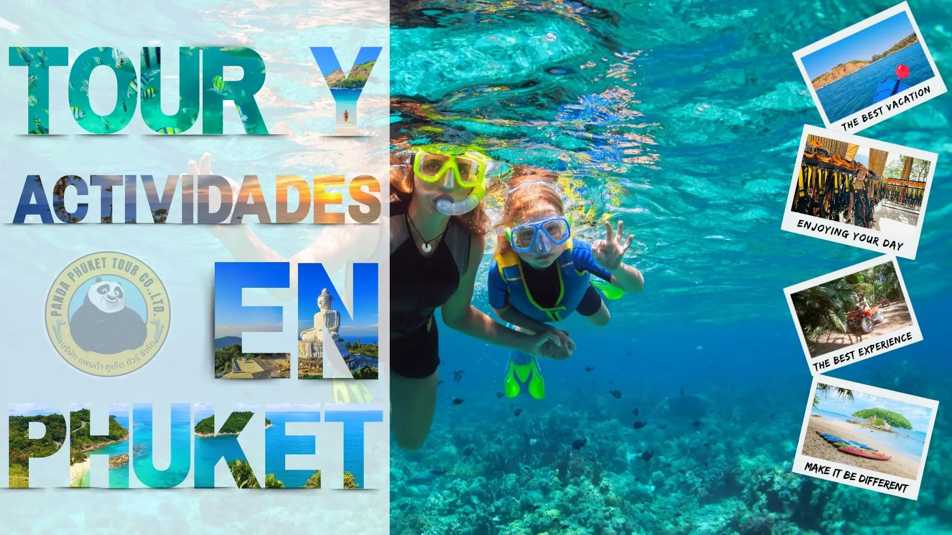 ATIVIDADES EM PHUKET Cartaz «Tour e atividades em Phuket» com duas pessoas a fazer snorkel e o logótipo de Panda Phuket Tour