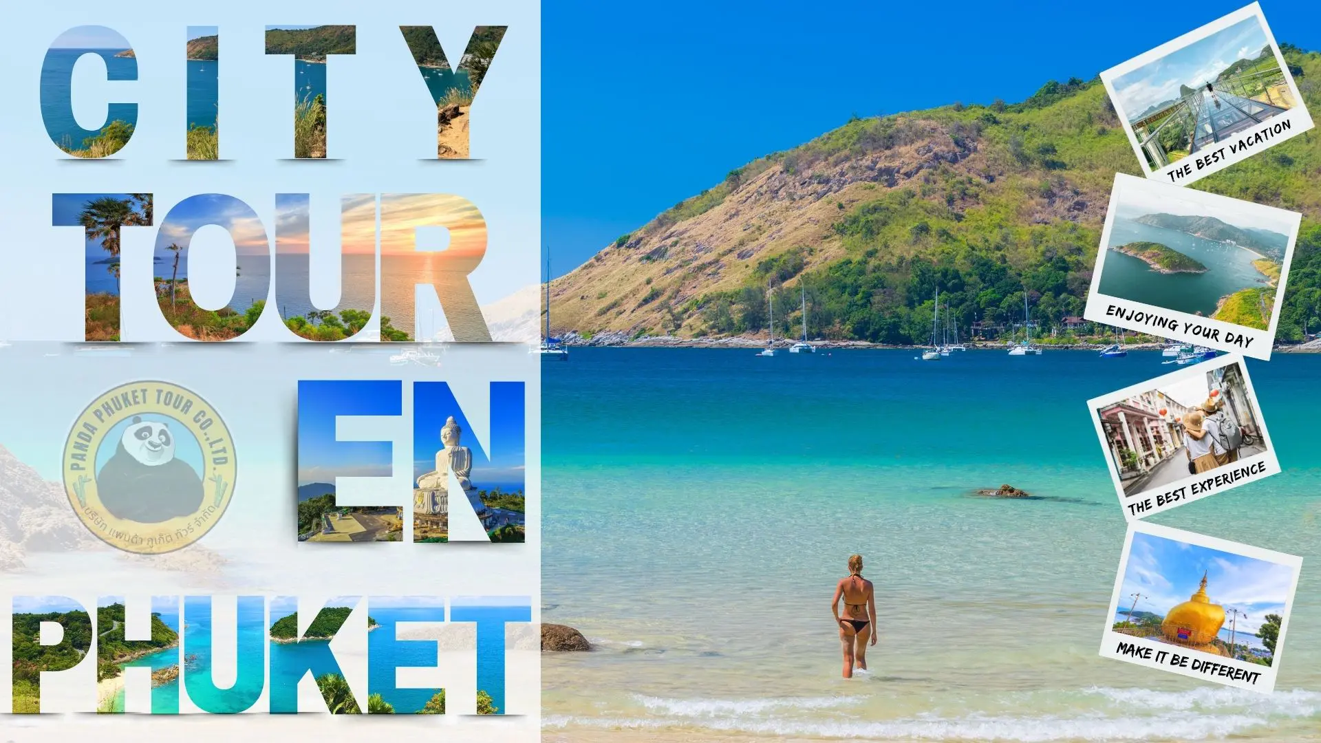 VISITA GUIADA À CIDADE DE PHUKET EM ESPANHOL Cartaz «City Tour em Phuket» com o logótipo de Panda Phuket Tour sobre uma praia e fotos tipo polaroid