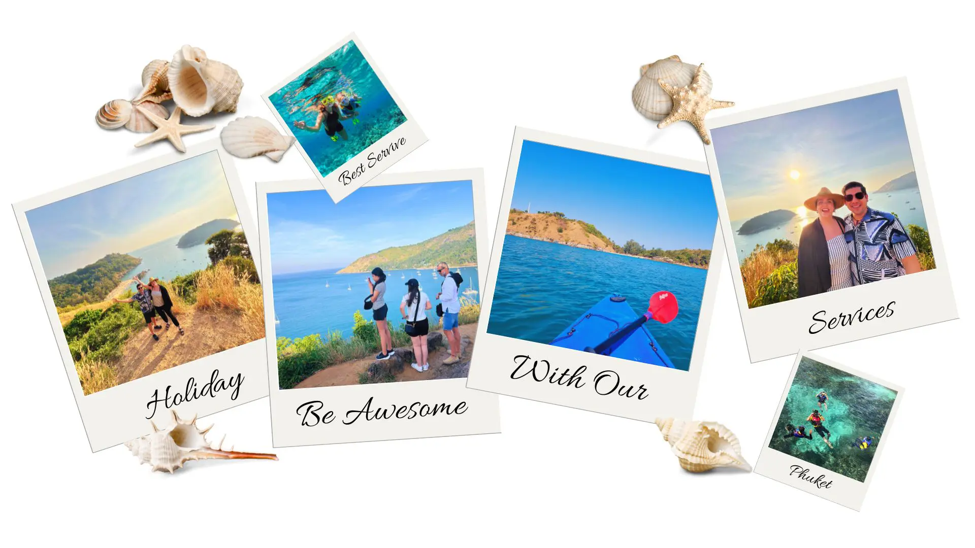 Collage de polaroids y conchas con viajeros en miradores, un kayak azul, una pareja al atardecer y dos escenas de snorkel