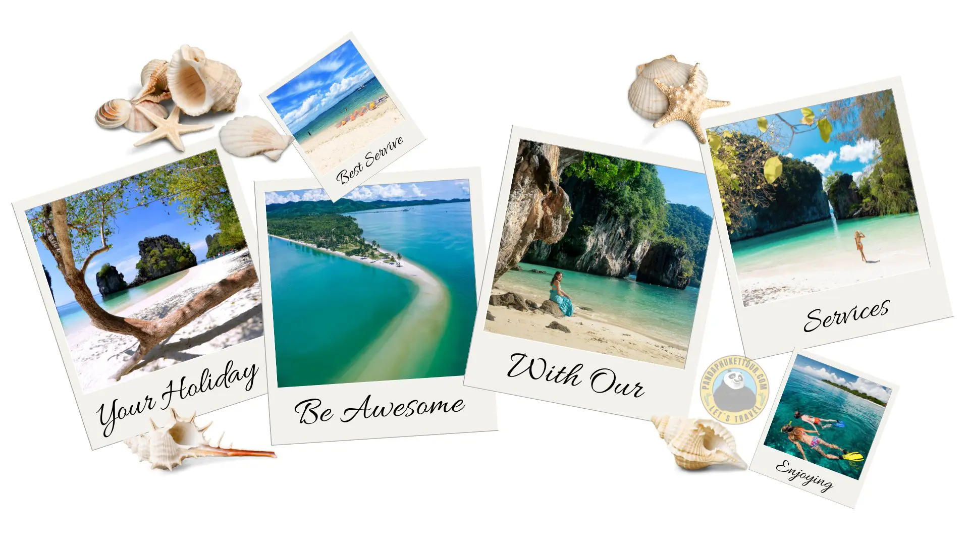 Colagem de seis polaroides legendadas em inglês: árvore inclinada na areia, língua de areia, enseadas e snorkel, com conchas