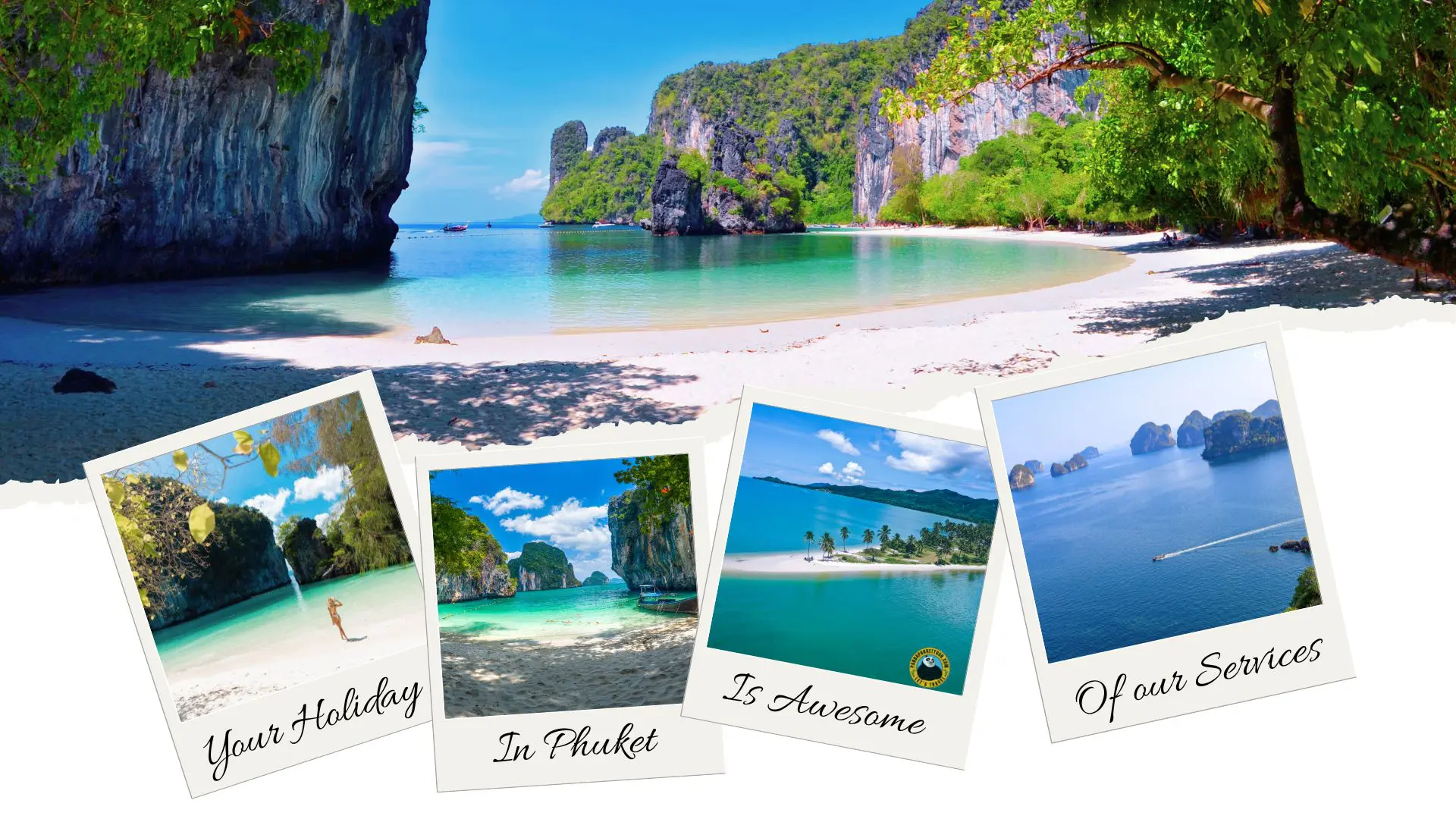 Colagem com uma enseada de areia branca entre falésias e quatro polaroides de praias e ilhas com legendas em inglês
