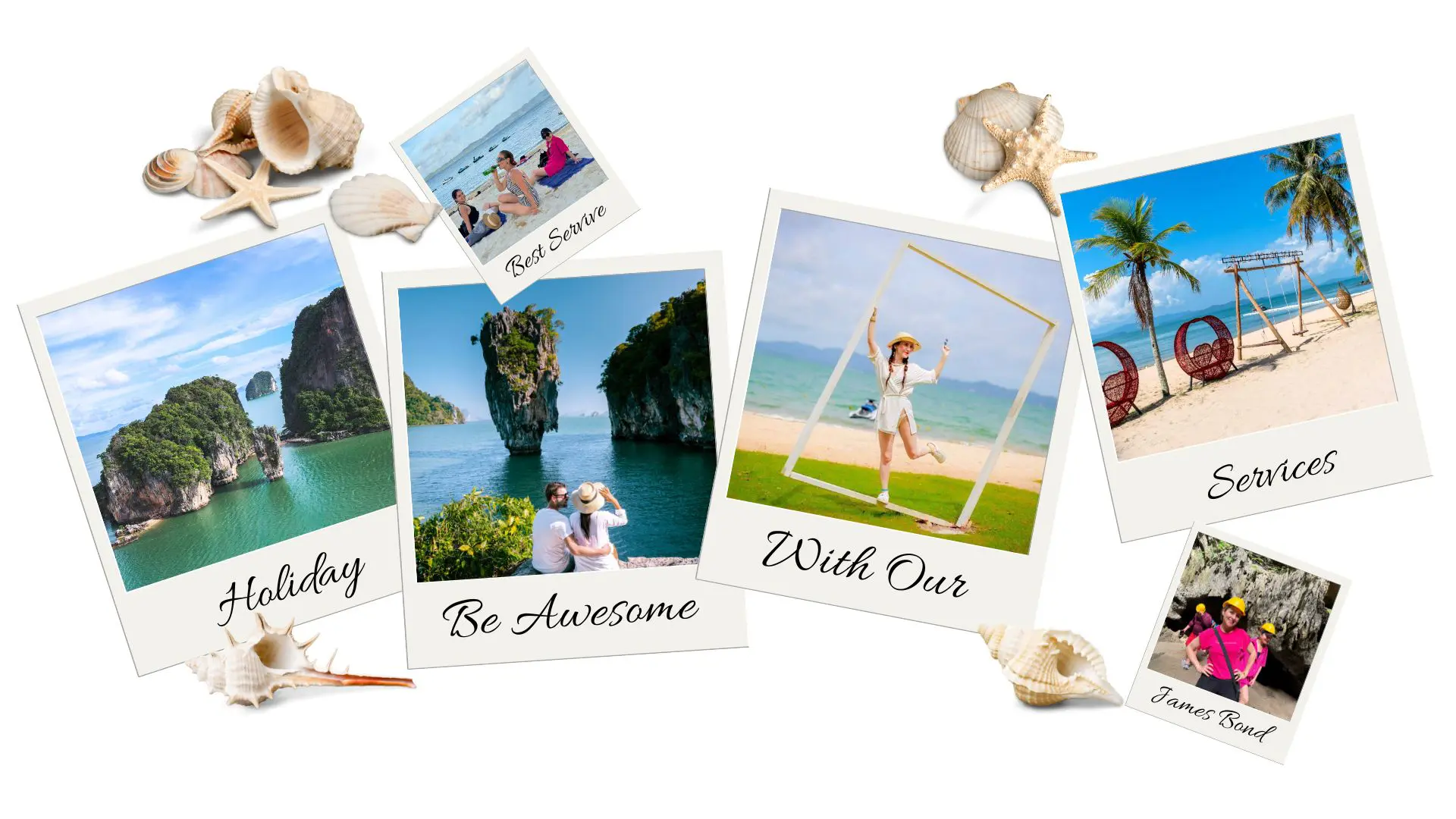 Colagem de fotos tipo polaroid com búzios: ilhas de Phang Nga, praia com baloiços e viajantes de capacete
