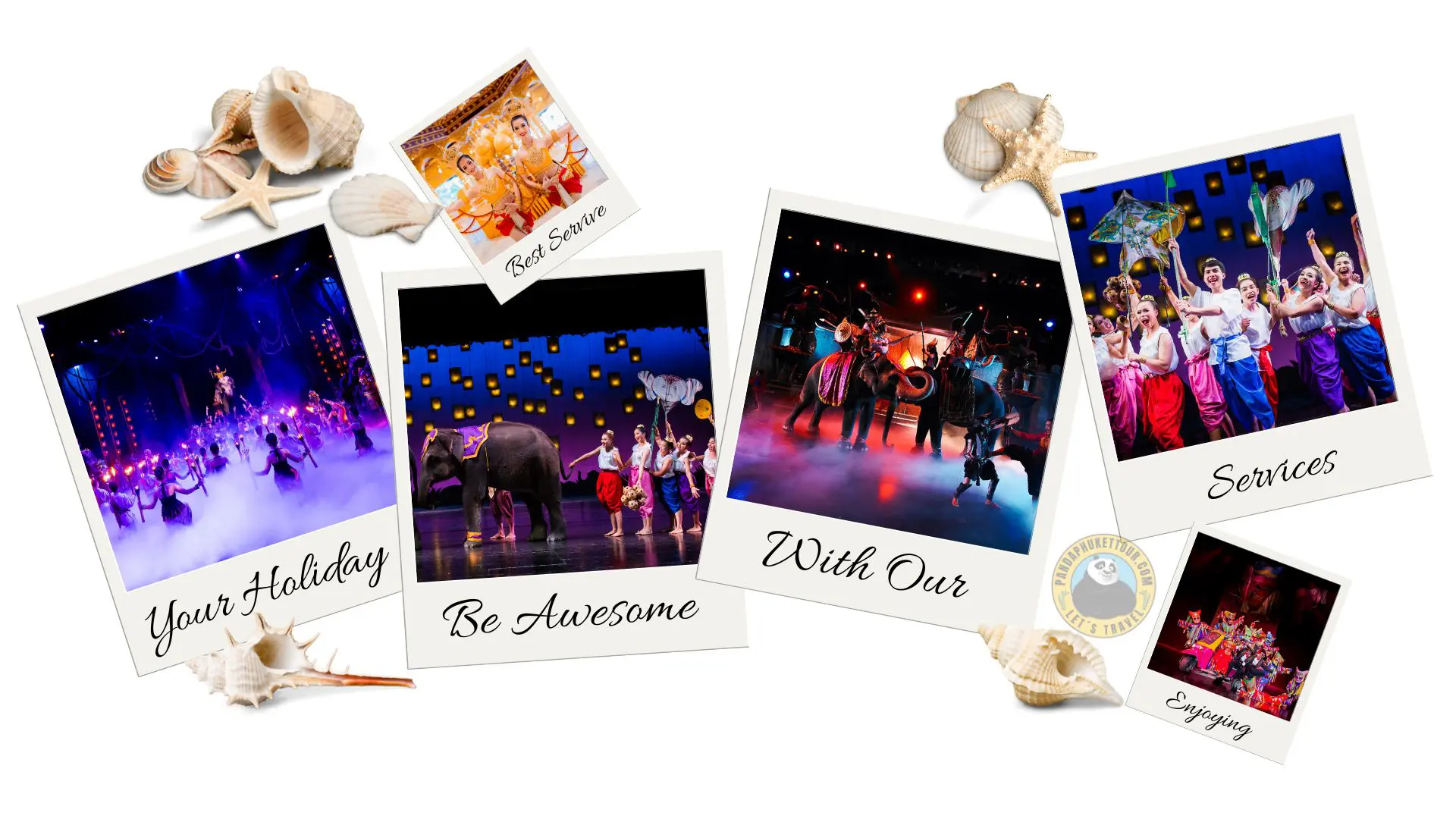 Colagem de polaroids com conchas marinhas e seis cenas do espetáculo: elefantes, papagaios de papel, máscaras e bailarinas