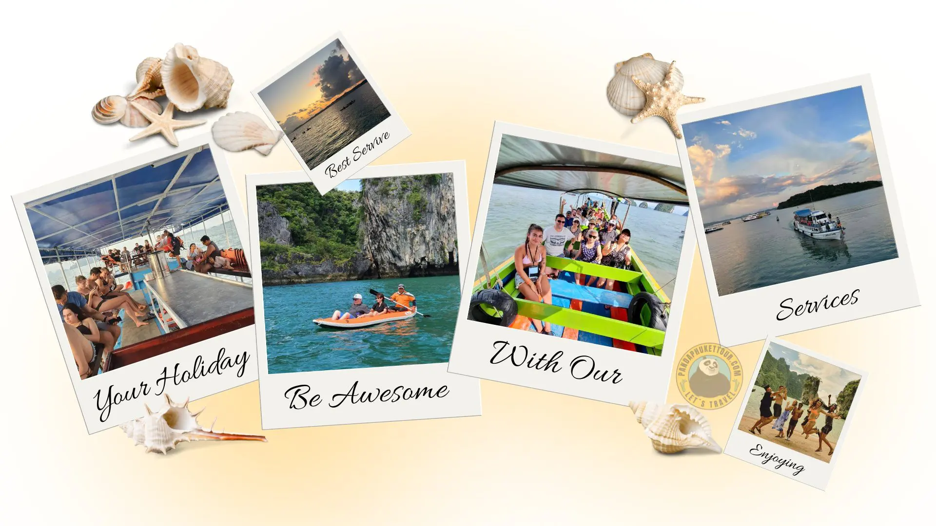 Collage di polaroid e conchiglie con canoa, imbarcazione, barca a coda lunga e tramonto, e il logo di Panda Phuket Tour