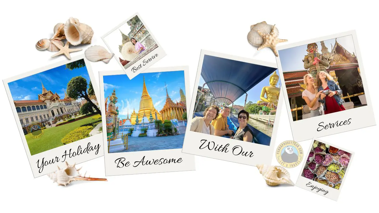 Colagem de polaroides com templos de Bangkok, um passeio de barco e flores, junto ao selo da Panda Phuket Tour