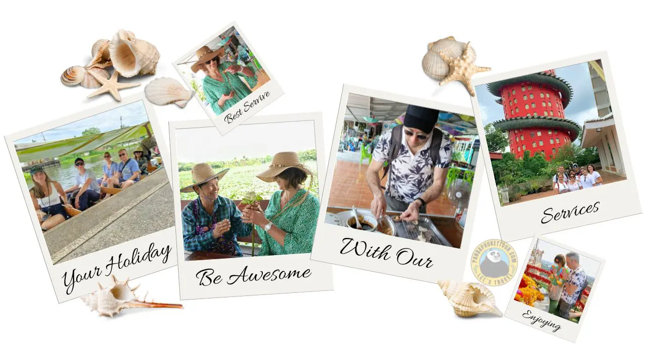 Collage stile polaroid con logo di Panda Phuket Tour: giro in barca, fiore di loto, gallette di riso e torre del drago