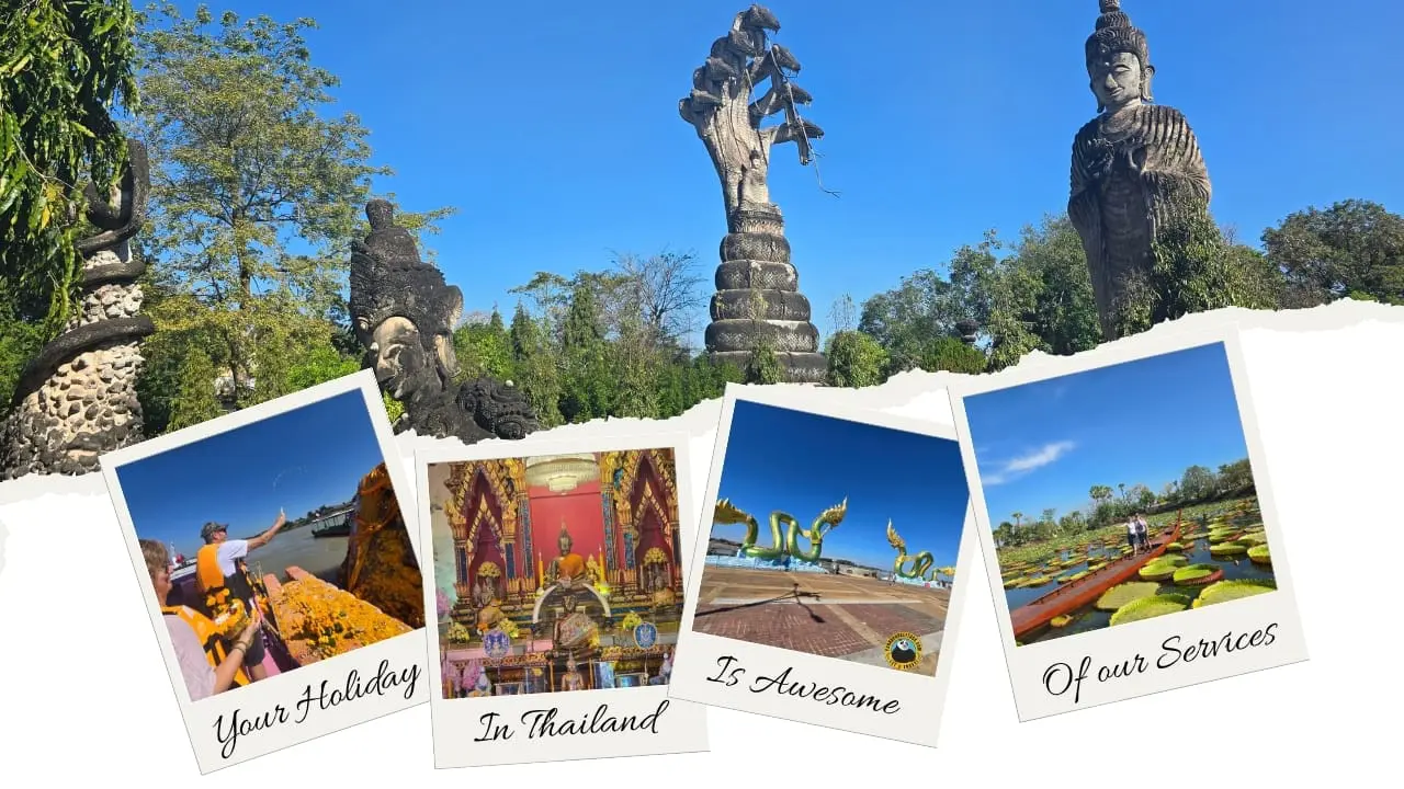 Colagem de Sala Kaew Ku com estátuas gigantes e postais de viajantes num barco, um altar, nagas verdes e nenúfares