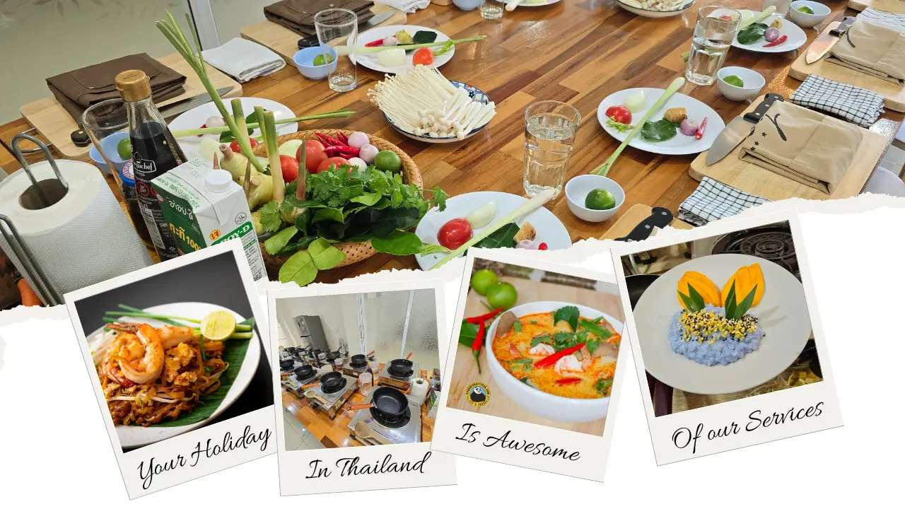 Table with herbs, chilies and tomatoes, and polaroids of pad thai, burners, shrimp soup and blue sticky rice with mango