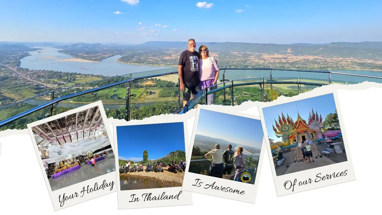 Pareja en una pasarela de cristal con vistas a un gran río; debajo, postales de un buda reclinado blanco, quads y un templo