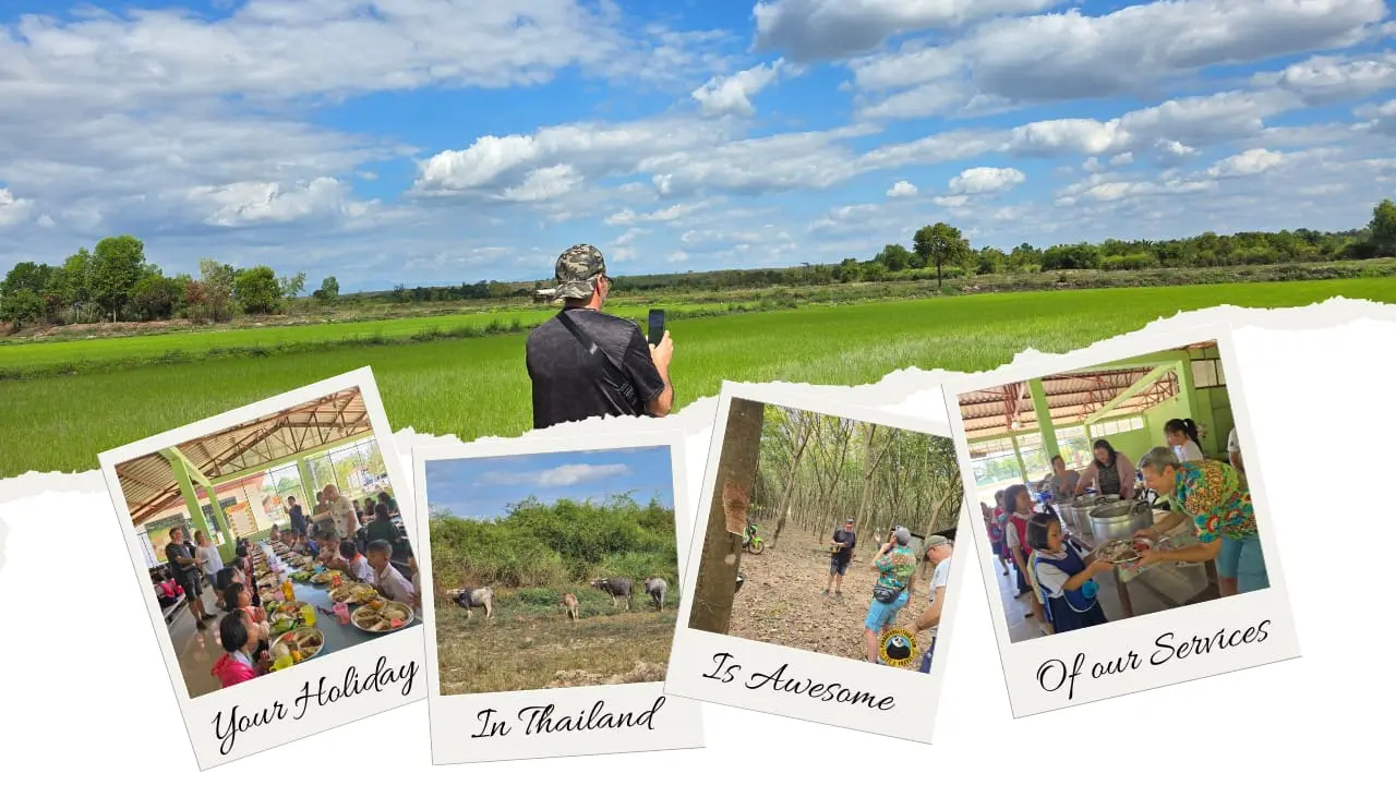 Viajante de boné fotografa um arrozal verde; em baixo, postais de alunos a comer, búfalos e uma plantação de borracha