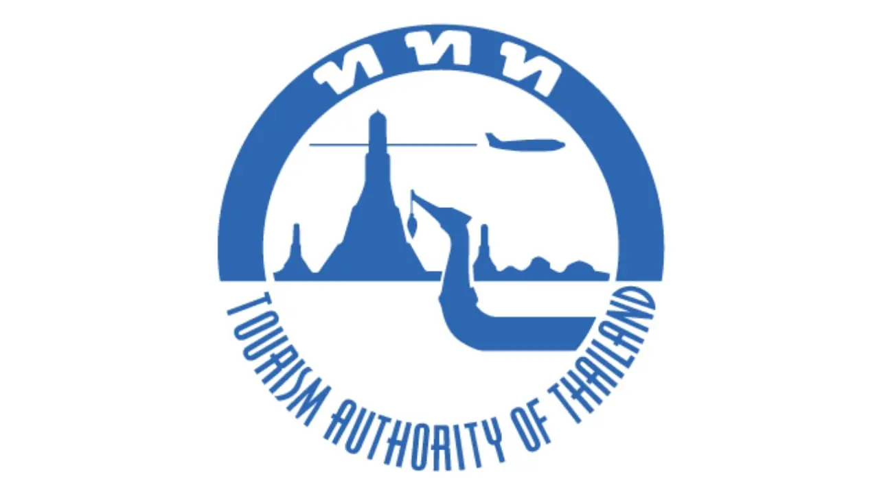 Logo azul de la Tourism Authority of Thailand, con templos, un avión y una barca dentro de un círculo