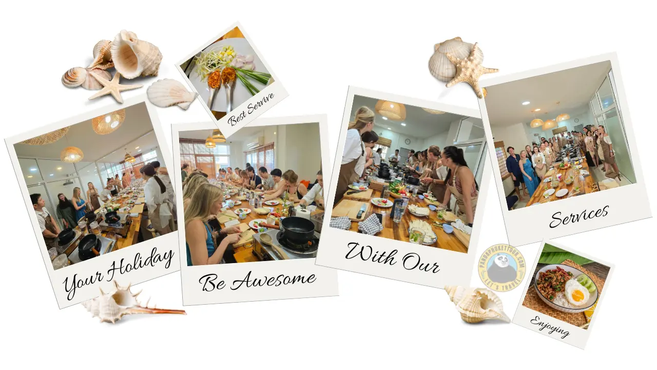 Polaroid collage of a cooking class: group at a long table with burners, vegetables and a dish with a fried egg
