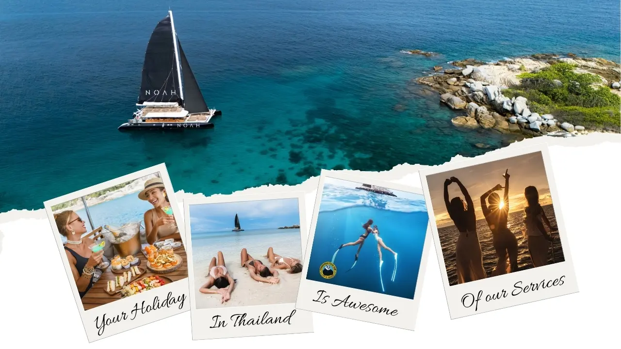Catamarã de velas pretas junto a umas rochas e quatro fotos instantâneas: aperitivo, praia, mergulho e pôr do sol