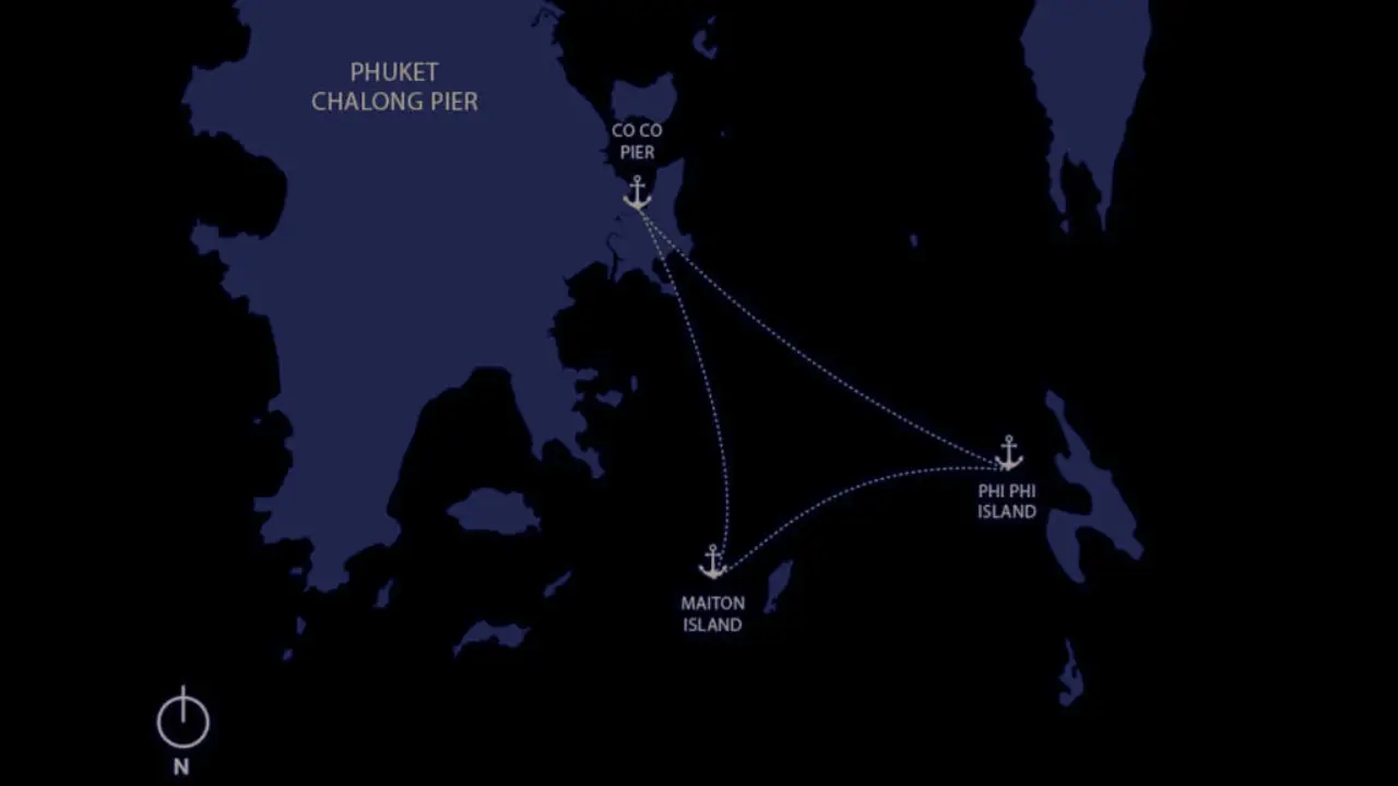 Mapa de la ruta en triángulo: del muelle Coco Pier, en Phuket, a las islas Phi Phi y la isla Maiton