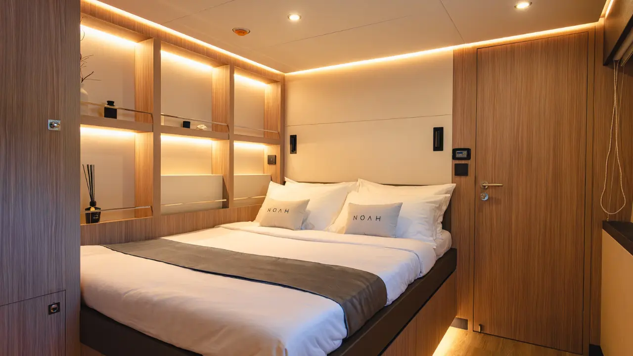 Cabina privada con cama de matrimonio de sábanas blancas, estantes de madera con luz indirecta y puerta de madera