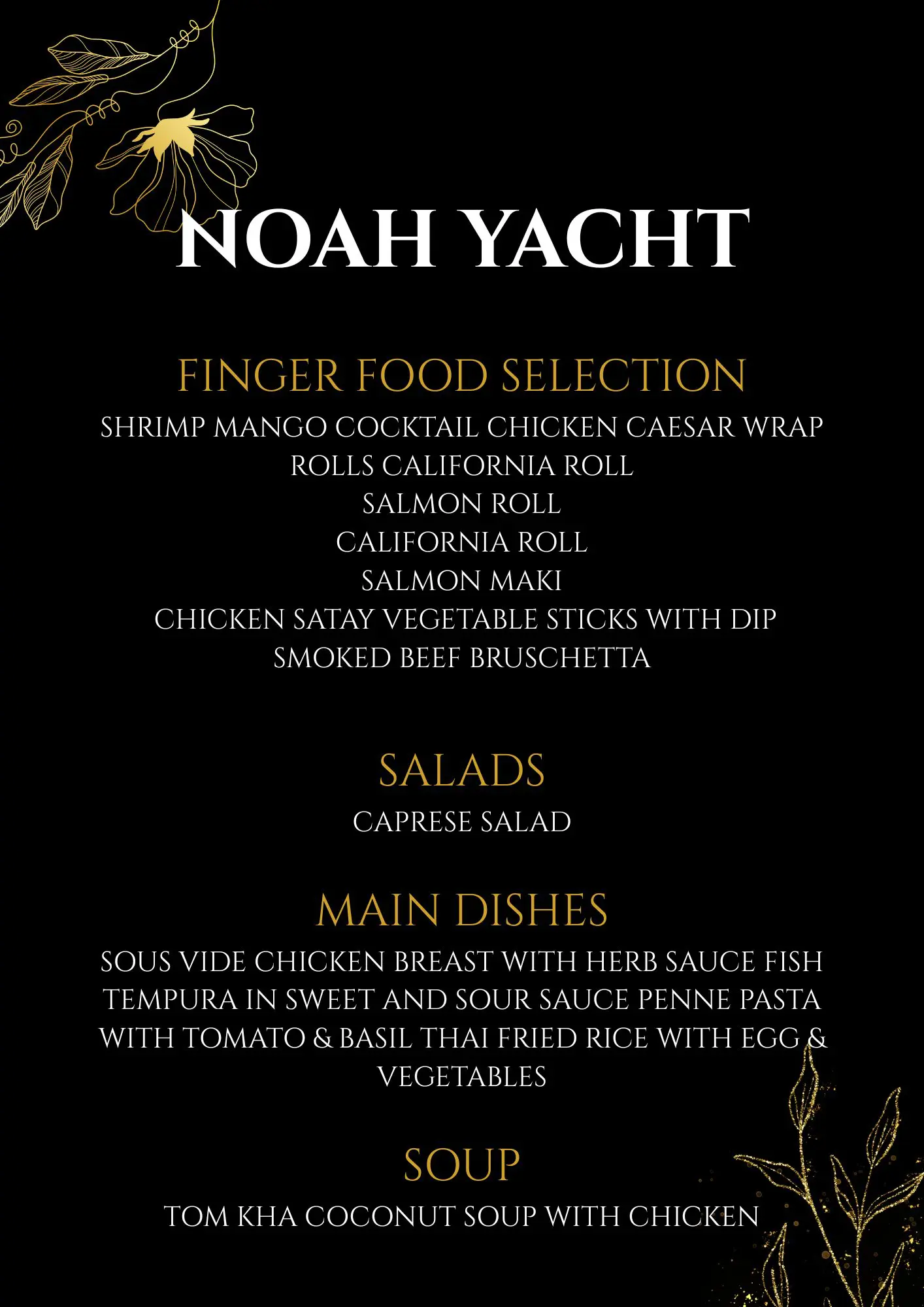 Carta del almuerzo buffet: sushi, satay de pollo, ensalada caprese, pescado en tempura, pasta, arroz frito y sopa tom kha