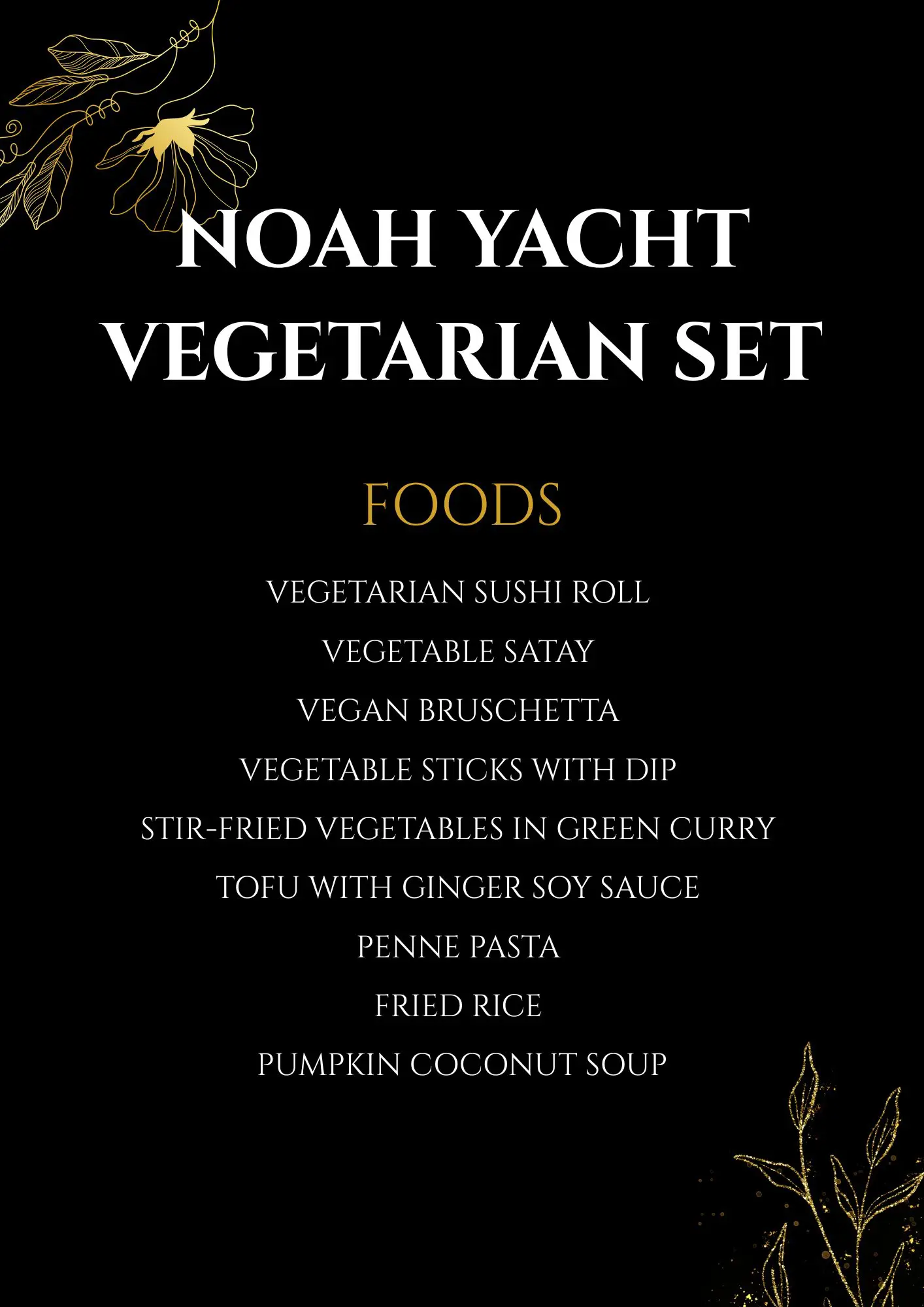 Menú vegetariano: sushi vegetal, satay de verduras, curri verde, tofu con jengibre, pasta, arroz frito y sopa de calabaza
