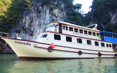 El barco de la excursión fondeado junto a un acantilado de piedra caliza